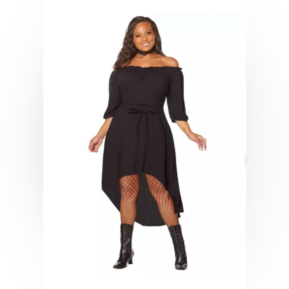 Black Milkmaid Peasant Dress, High Low Hem. Witchy, Halloween. Size 1X.